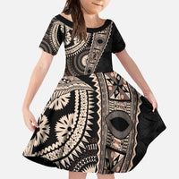 Fiji Traditional Masi Family Matching Off The Shoulder Long Sleeve Dress and Hawaiian Shirt Tapa Art Palm Leaves Pattern LT03 Daughter's Dress Brown - Polynesian Pride