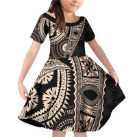 Fiji Traditional Masi Family Matching Off Shoulder Short Dress and Hawaiian Shirt Tapa Art Palm Leaves Pattern LT03 Daughter's Dress Brown - Polynesian Pride