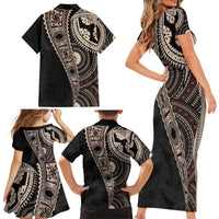 Fiji Traditional Masi Family Matching Short Sleeve Bodycon Dress and Hawaiian Shirt Tapa Art Palm Leaves Pattern LT03 - Polynesian Pride