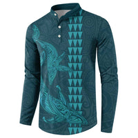 Aloha Hawaii Whale Kakau and Polynesian Tattoo Button Sweatshirt Turquoise Color