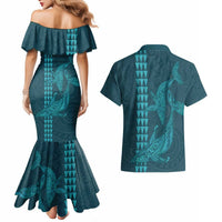 Aloha Hawaii Whale Kakau and Polynesian Tattoo Couples Matching Mermaid Dress and Hawaiian Shirt Turquoise Color LT03 - Polynesian Pride