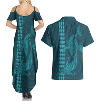 Aloha Hawaii Whale Kakau and Polynesian Tattoo Couples Matching Summer Maxi Dress and Hawaiian Shirt Turquoise Color