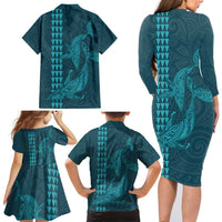 Aloha Hawaii Whale Kakau and Polynesian Tattoo Family Matching Long Sleeve Bodycon Dress and Hawaiian Shirt Turquoise Color LT03 - Polynesian Pride