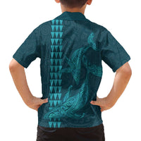 Aloha Hawaii Whale Kakau and Polynesian Tattoo Family Matching Off The Shoulder Long Sleeve Dress and Hawaiian Shirt Turquoise Color LT03 - Polynesian Pride