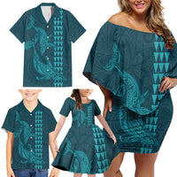 Aloha Hawaii Whale Kakau and Polynesian Tattoo Family Matching Off Shoulder Short Dress and Hawaiian Shirt Turquoise Color LT03 - Polynesian Pride