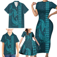 Aloha Hawaii Whale Kakau and Polynesian Tattoo Family Matching Short Sleeve Bodycon Dress and Hawaiian Shirt Turquoise Color LT03 - Polynesian Pride