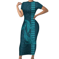 Aloha Hawaii Whale Kakau and Polynesian Tattoo Family Matching Short Sleeve Bodycon Dress and Hawaiian Shirt Turquoise Color LT03 Mom's Dress Turquoise - Polynesian Pride