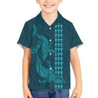 Aloha Hawaii Whale Kakau and Polynesian Tattoo Family Matching Short Sleeve Bodycon Dress and Hawaiian Shirt Turquoise Color LT03 Son's Shirt Turquoise - Polynesian Pride