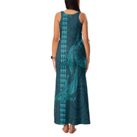 Aloha Hawaii Whale Kakau and Polynesian Tattoo Family Matching Tank Maxi Dress and Hawaiian Shirt Turquoise Color