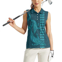 Aloha Hawaii Whale Kakau and Polynesian Tattoo Women Sleeveless Polo Shirt Turquoise Color