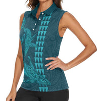 Aloha Hawaii Whale Kakau and Polynesian Tattoo Women Sleeveless Polo Shirt Turquoise Color