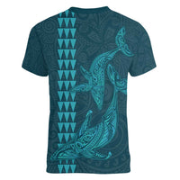 Aloha Hawaii Whale Kakau and Polynesian Tattoo Women V-Neck T-Shirt Turquoise Color
