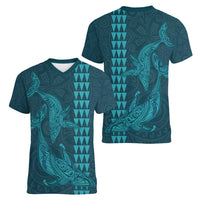 Aloha Hawaii Whale Kakau and Polynesian Tattoo Women V-Neck T-Shirt Turquoise Color