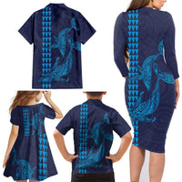 Aloha Hawaii Whale Kakau and Polynesian Tattoo Family Matching Long Sleeve Bodycon Dress and Hawaiian Shirt Dark Navy Color LT03 - Polynesian Pride