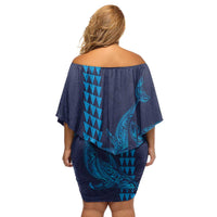 Aloha Hawaii Whale Kakau and Polynesian Tattoo Family Matching Off Shoulder Short Dress and Hawaiian Shirt Dark Navy Color LT03 - Polynesian Pride