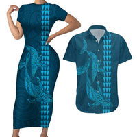 Aloha Hawaii Whale Kakau and Polynesian Tattoo Couples Matching Short Sleeve Bodycon Dress and Hawaiian Shirt Light Blue Color LT03 Light Blue - Polynesian Pride