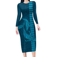 Aloha Hawaii Whale Kakau and Polynesian Tattoo Long Sleeve Bodycon Dress Light Blue Color