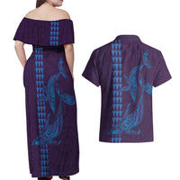 Aloha Hawaii Whale Kakau and Polynesian Tattoo Couples Matching Off Shoulder Maxi Dress and Hawaiian Shirt Purple Color LT03 - Polynesian Pride