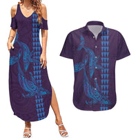 Aloha Hawaii Whale Kakau and Polynesian Tattoo Couples Matching Summer Maxi Dress and Hawaiian Shirt Purple Color