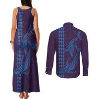 Aloha Hawaii Whale Kakau and Polynesian Tattoo Couples Matching Tank Maxi Dress and Long Sleeve Button Shirt Purple Color