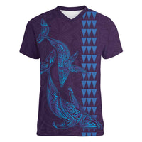 Aloha Hawaii Whale Kakau and Polynesian Tattoo Women V-Neck T-Shirt Purple Color