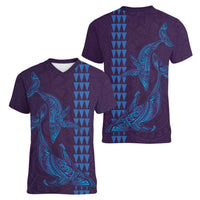 Aloha Hawaii Whale Kakau and Polynesian Tattoo Women V-Neck T-Shirt Purple Color