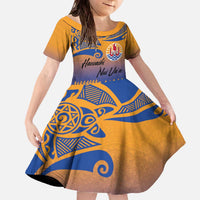 Personalised Hawaiki Nui Va'a French Polynesian Pattern Family Matching Off The Shoulder Long Sleeve Dress and Hawaiian Shirt Sunset Color LT03 Daughter's Dress Yellow - Polynesian Pride