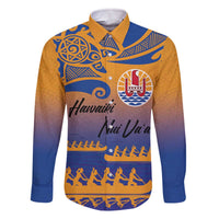 Personalised Hawaiki Nui Va'a French Polynesian Pattern Family Matching Off The Shoulder Long Sleeve Dress and Hawaiian Shirt Sunset Color LT03 Dad's Shirt - Long Sleeve Yellow - Polynesian Pride