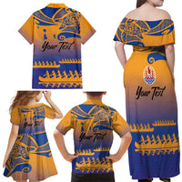 Personalised Hawaiki Nui Va'a French Polynesian Pattern Family Matching Off Shoulder Maxi Dress and Hawaiian Shirt Sunset Color LT03 - Polynesian Pride