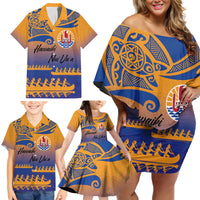 Personalised Hawaiki Nui Va'a French Polynesian Pattern Family Matching Off Shoulder Short Dress and Hawaiian Shirt Sunset Color LT03 - Polynesian Pride