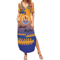 Personalised Hawaiki Nui Va'a French Polynesian Pattern Family Matching Summer Maxi Dress and Hawaiian Shirt Sunset Color LT03 Mom's Dress Yellow - Polynesian Pride