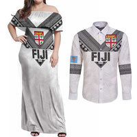 Custom Rugby Fiji Couples Matching Off Shoulder Maxi Dress and Long Sleeve Button Shirt Fijian Masi Tribal Sporty Style White Color LT03 White - Polynesian Pride