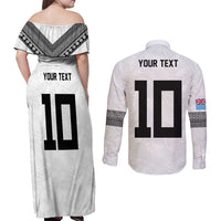 Custom Rugby Fiji Couples Matching Off Shoulder Maxi Dress and Long Sleeve Button Shirt Fijian Masi Tribal Sporty Style White Color LT03 - Polynesian Pride