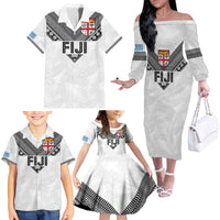 Custom Rugby Fiji Family Matching Off The Shoulder Long Sleeve Dress and Hawaiian Shirt Fijian Masi Tribal Sporty Style White Color LT03 - Polynesian Pride