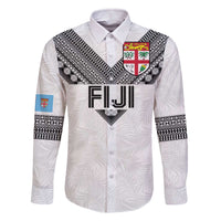Custom Rugby Fiji Family Matching Off The Shoulder Long Sleeve Dress and Hawaiian Shirt Fijian Masi Tribal Sporty Style White Color LT03 Dad's Shirt - Long Sleeve White - Polynesian Pride