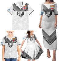 Custom Rugby Fiji Family Matching Puletasi and Hawaiian Shirt Fijian Masi Tribal Sporty Style White Color - Polynesian Pride