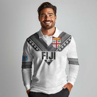 Custom Rugby Fiji Long Sleeve Polo Shirt Fijian Masi Tribal Sporty Style White Color LT03 - Polynesian Pride