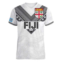 Custom Rugby Fiji Women V-Neck T-Shirt Fijian Masi Tribal Sporty Style White Color LT03 Female White - Polynesian Pride