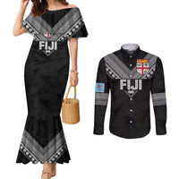 Custom Rugby Fiji Couples Matching Mermaid Dress and Long Sleeve Button Shirt Fijian Masi Tribal Sporty Style Black Color LT03 Black - Polynesian Pride
