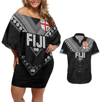 Custom Rugby Fiji Couples Matching Off Shoulder Short Dress and Hawaiian Shirt Fijian Masi Tribal Sporty Style Black Color LT03 Black - Polynesian Pride