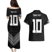 Custom Rugby Fiji Couples Matching Puletasi and Hawaiian Shirt Fijian Masi Tribal Sporty Style Black Color - Polynesian Pride