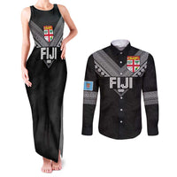 Custom Rugby Fiji Couples Matching Tank Maxi Dress and Long Sleeve Button Shirt Fijian Masi Tribal Sporty Style Black Color LT03 Black - Polynesian Pride