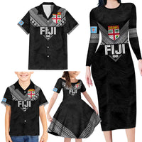 Custom Rugby Fiji Family Matching Long Sleeve Bodycon Dress and Hawaiian Shirt Fijian Masi Tribal Sporty Style Black Color LT03 - Polynesian Pride