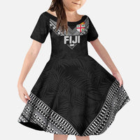 Custom Rugby Fiji Family Matching Off Shoulder Maxi Dress and Hawaiian Shirt Fijian Masi Tribal Sporty Style Black Color LT03 Daughter's Dress Black - Polynesian Pride