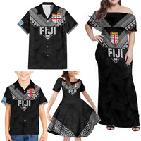 Custom Rugby Fiji Family Matching Off Shoulder Maxi Dress and Hawaiian Shirt Fijian Masi Tribal Sporty Style Black Color LT03 - Polynesian Pride