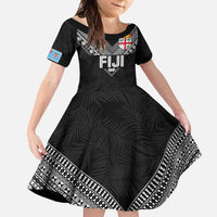 Custom Rugby Fiji Family Matching Short Sleeve Bodycon Dress and Hawaiian Shirt Fijian Masi Tribal Sporty Style Black Color LT03 Daughter's Dress Black - Polynesian Pride