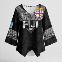 Custom Rugby Fiji Kimono Sleeve Blouse Fijian Masi Tribal Sporty Style Black Color LT03 Female Black - Polynesian Pride
