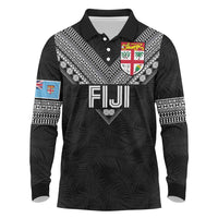 Custom Rugby Fiji Long Sleeve Polo Shirt Fijian Masi Tribal Sporty Style Black Color LT03 Black - Polynesian Pride
