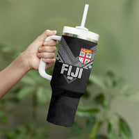 Custom Rugby Fiji Tumbler With Handle Fijian Masi Tribal Sporty Style Black Color - Polynesian Pride