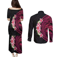 Hawaiian Tropical Plumeria Art Polynesian Tattoo Couples Matching Puletasi and Long Sleeve Button Shirt Black and Bright Pink Color